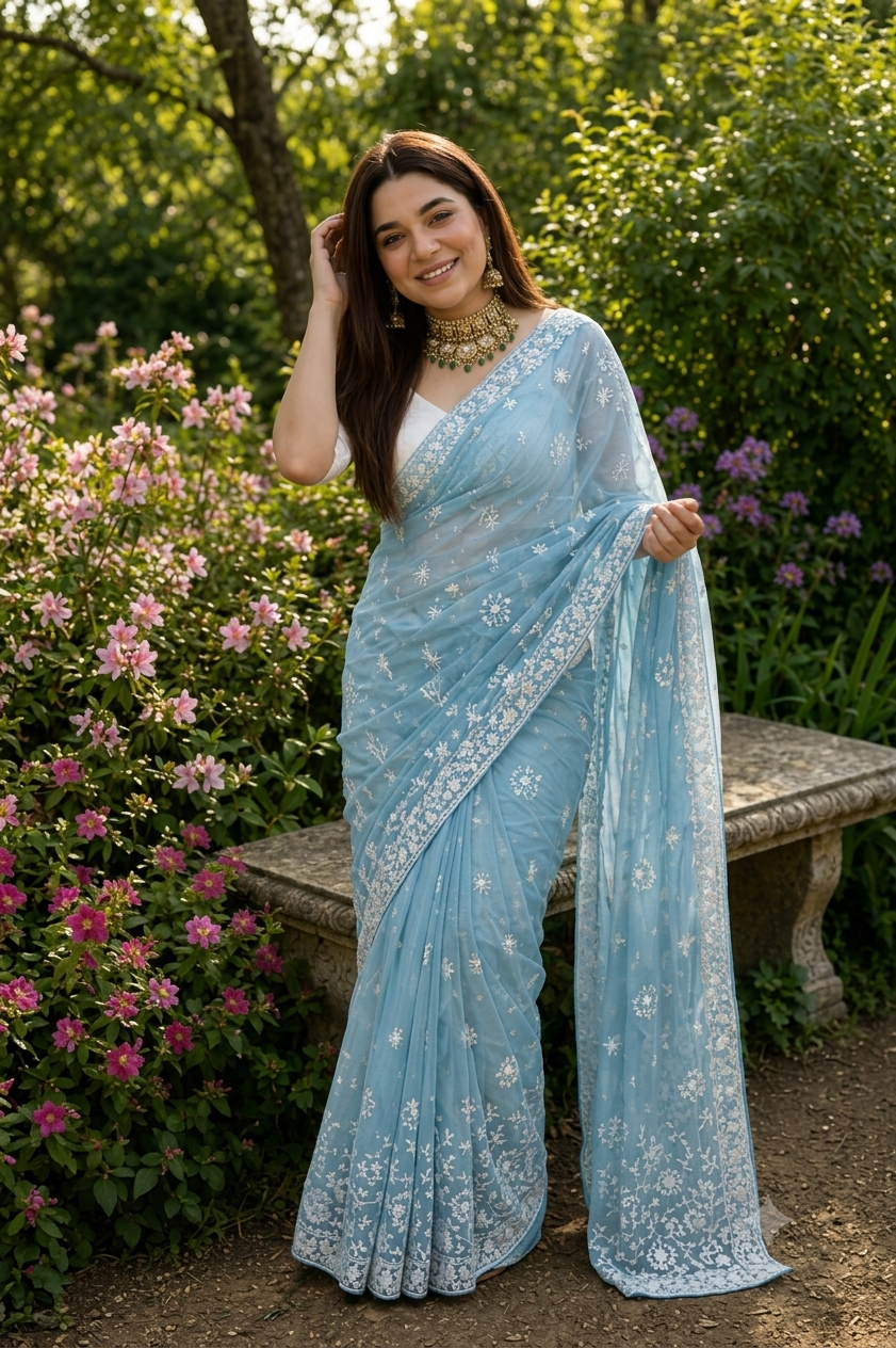NIRVA: GEORGETTE SKY COLOR EMBROIDERY SAREE