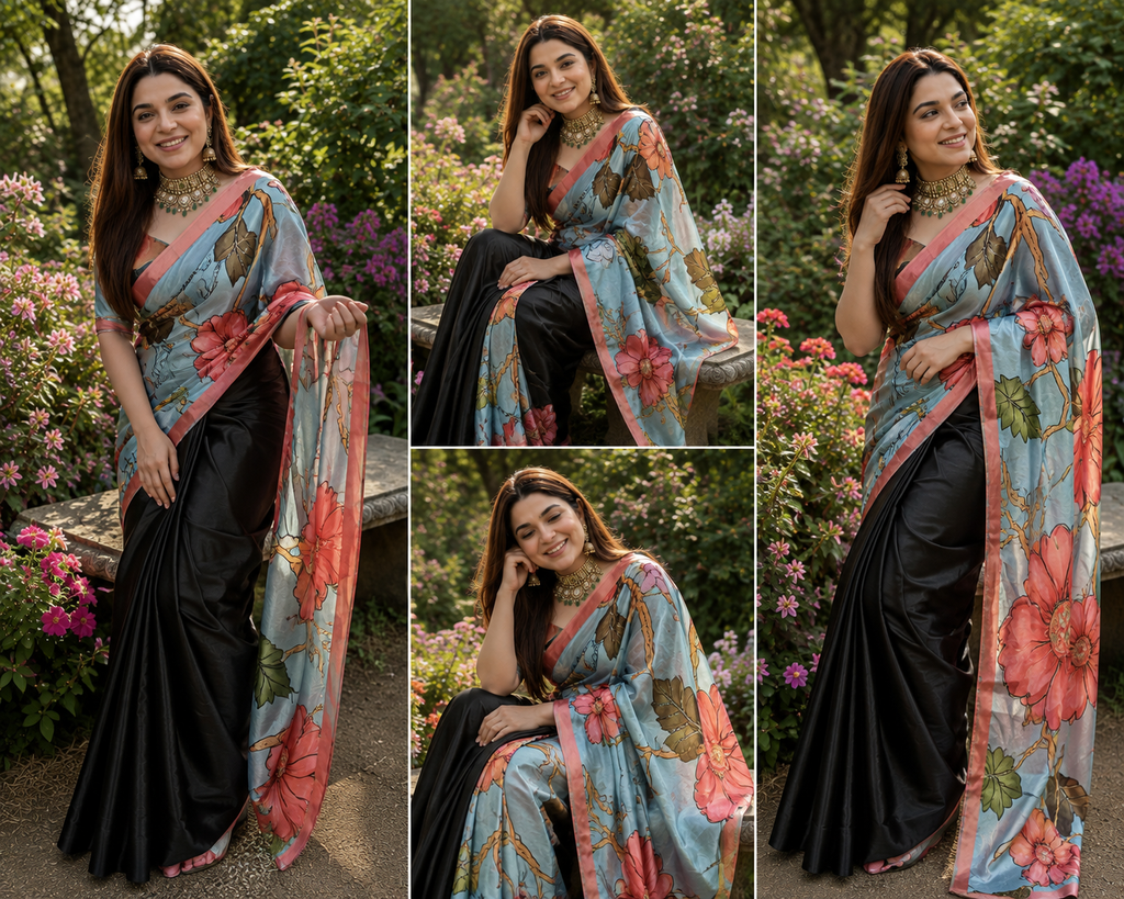 REEVA : HALF HALF DIGITAL PRINTED HANDWORK SAREE