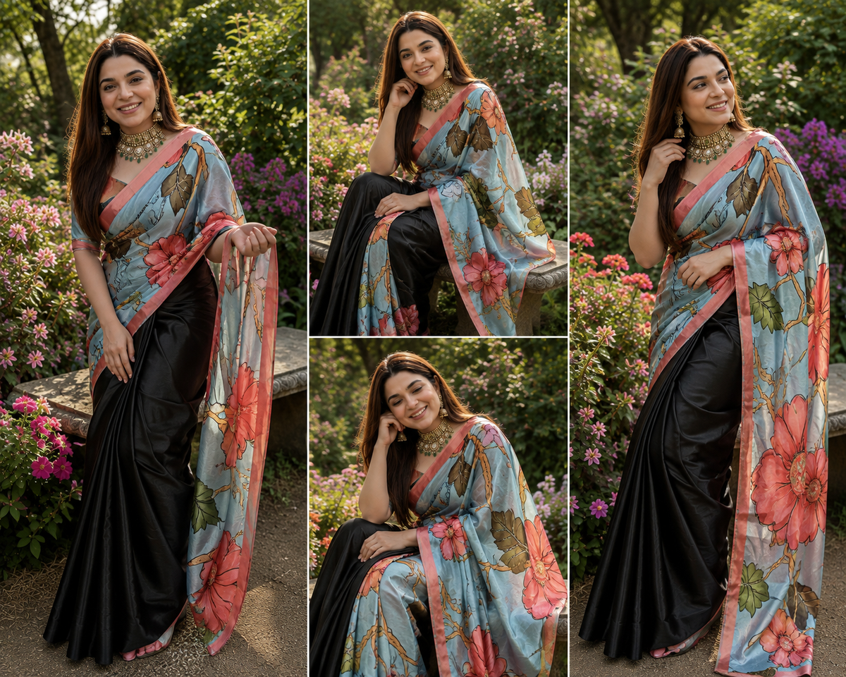 REEVA : HALF HALF DIGITAL PRINTED HANDWORK SAREE