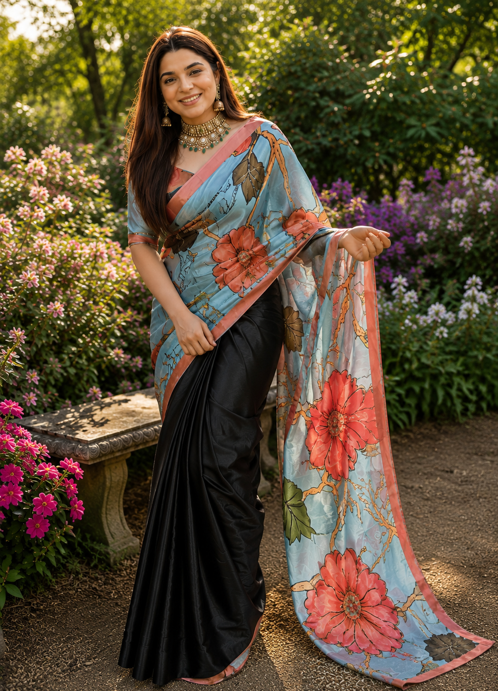 REEVA : HALF HALF DIGITAL PRINTED HANDWORK SAREE