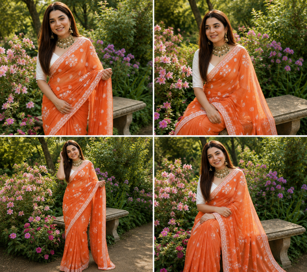 NEHRA : GEORGETTE ORANGE COLOR EMBROIDERY SAREE