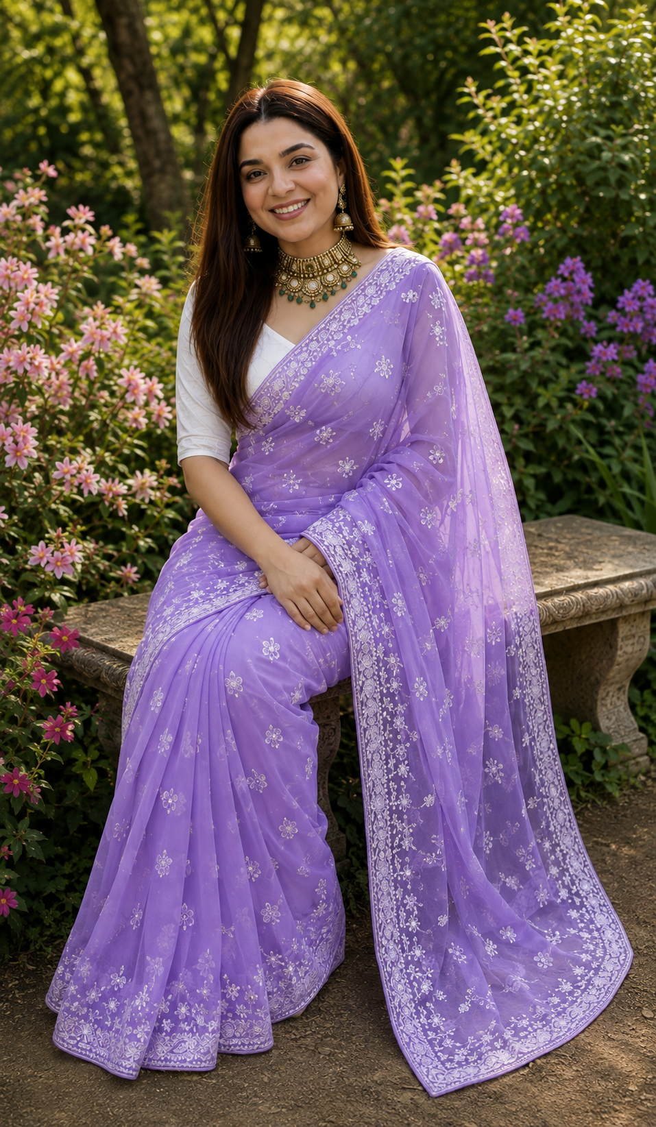 PRIYANKA : GEORGETTE EMBROIDERY WORK LOVENDER COLOR SAREE