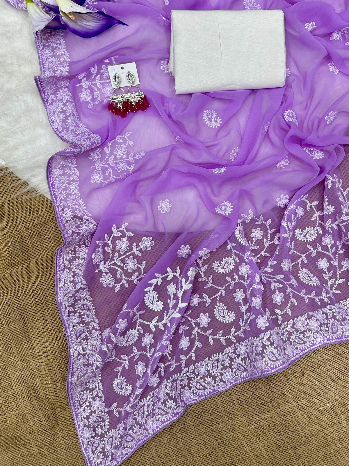 PRIYANKA : GEORGETTE EMBROIDERY WORK LOVENDER COLOR SAREE