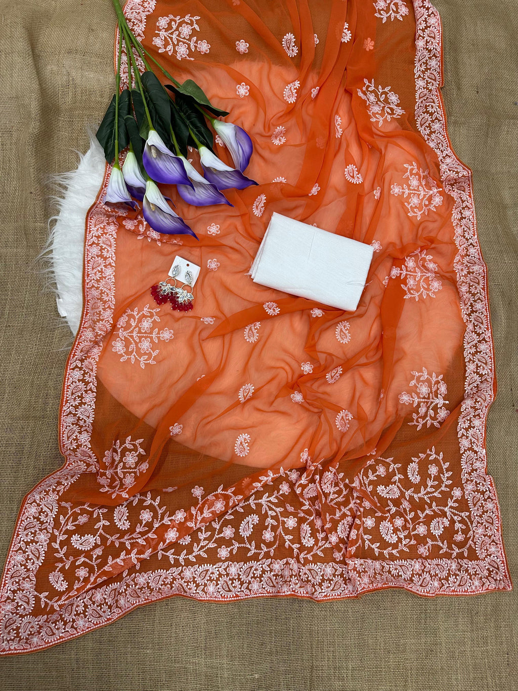 NEHRA : GEORGETTE ORANGE COLOR EMBROIDERY SAREE