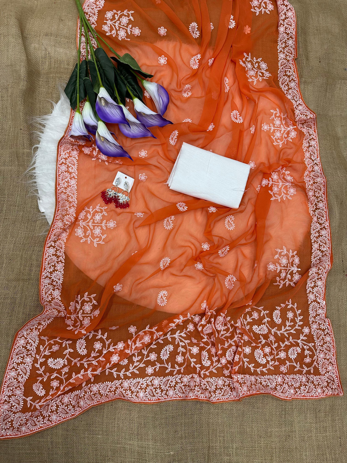 NEHRA : GEORGETTE ORANGE COLOR EMBROIDERY SAREE