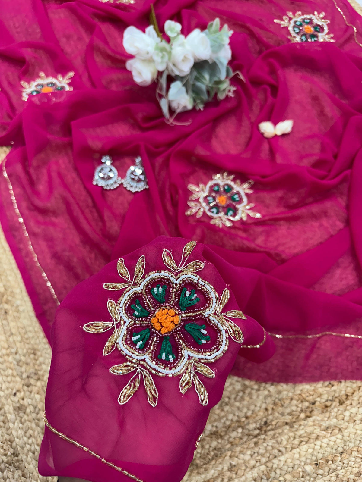 JIYA : HAND JARDOSI WORK RANI COLOR SHRADHHA KAPOOR INPIRED SAREE