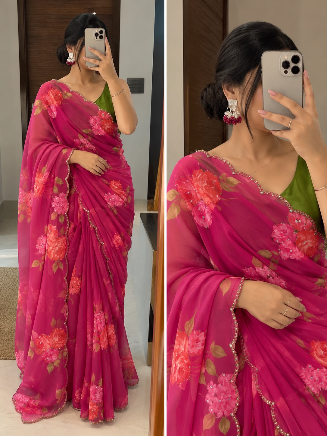 NIYANTA : FLOWER PRINTED GEORGETTE HANDWORK SAREE WITH CONRTASS BLOUSE