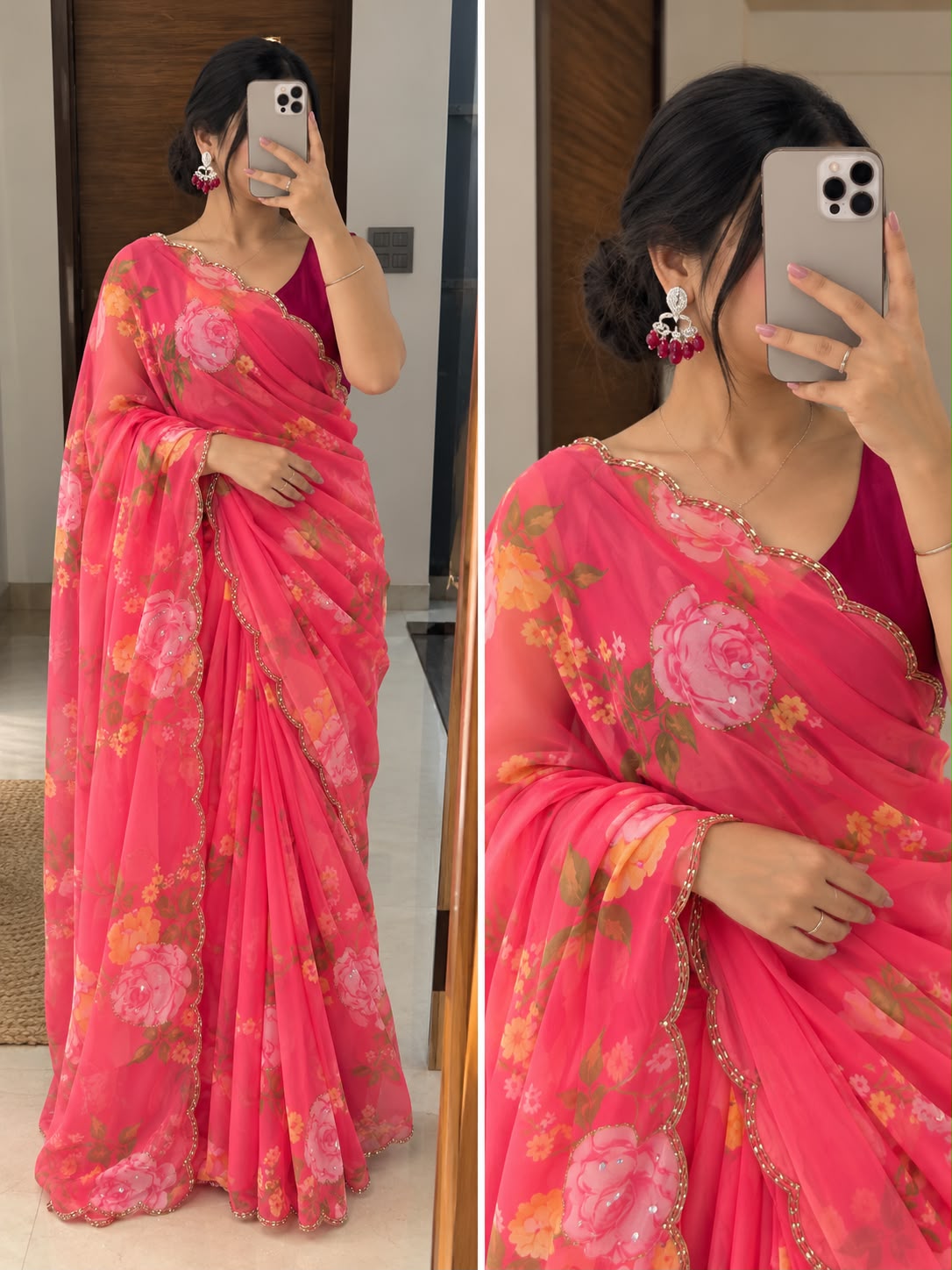 NIYANTA : FLOWER PRINTED GEORGETTE HANDWORK SAREE WITH CONRTASS BLOUSE