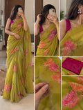 NIYANTA : FLOWER PRINTED GEORGETTE HANDWORK SAREE WITH CONRTASS BLOUSE