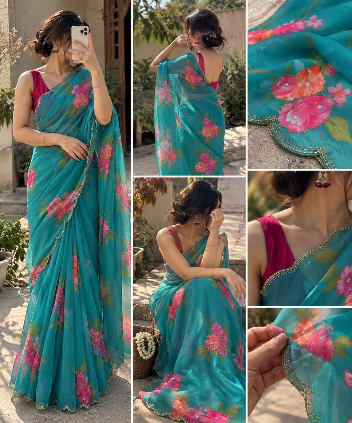 NIYANTA : FLOWER PRINTED GEORGETTE HANDWORK SAREE WITH CONRTASS BLOUSE