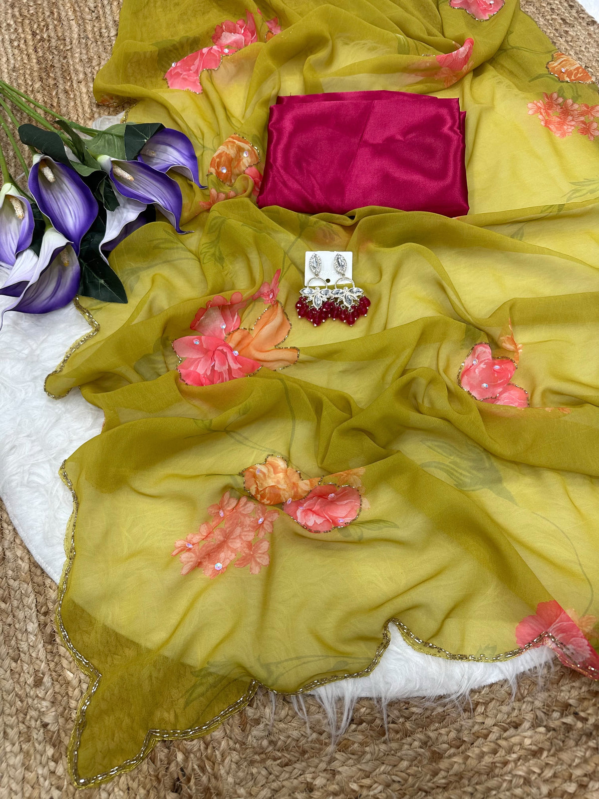 NIYANTA : FLOWER PRINTED GEORGETTE HANDWORK SAREE WITH CONRTASS BLOUSE