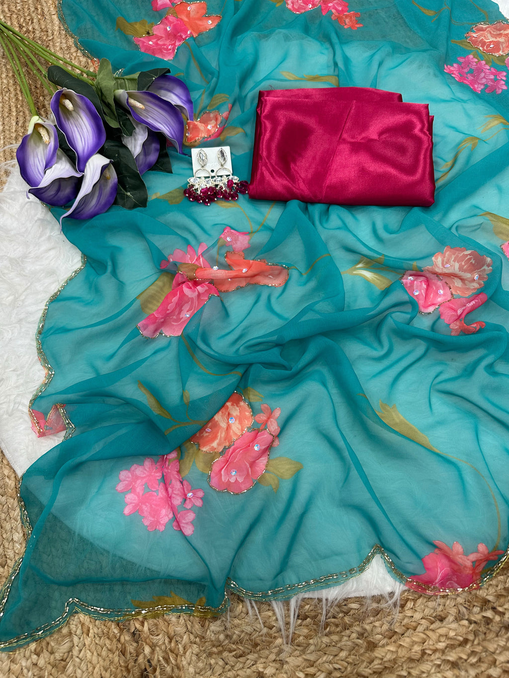 NIYANTA : FLOWER PRINTED GEORGETTE HANDWORK SAREE WITH CONRTASS BLOUSE