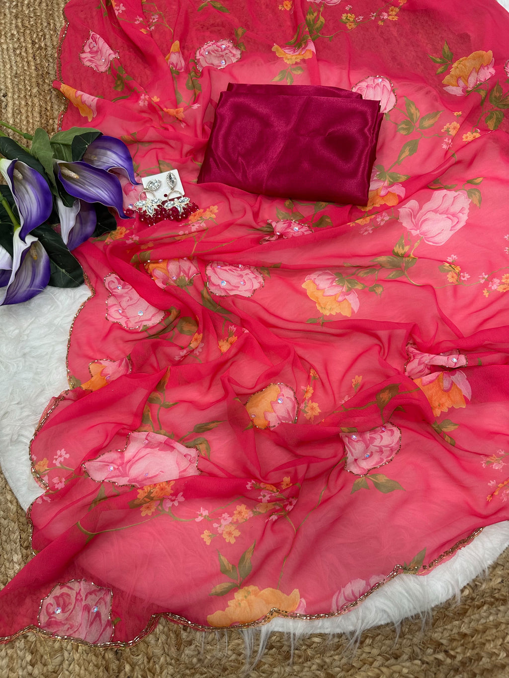 NIYANTA : FLOWER PRINTED GEORGETTE HANDWORK SAREE WITH CONRTASS BLOUSE