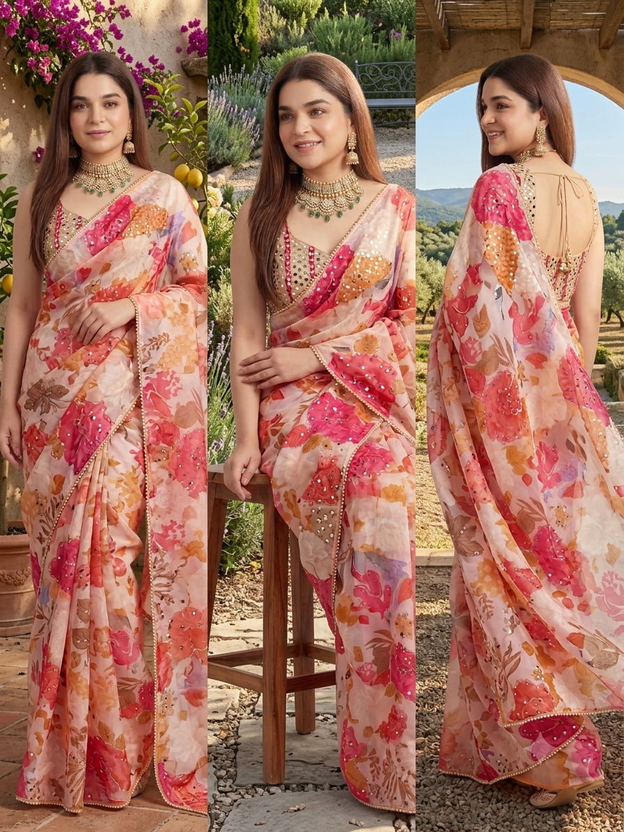 TRISHA : DIGITAL PRINTED EMBROIDERY SIQUANCE WORK MULTI COLOR SAREE