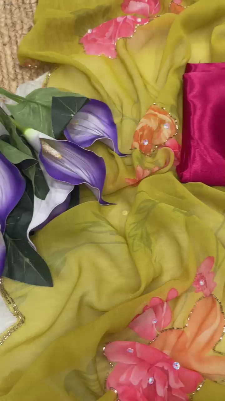 NIYANTA : FLOWER PRINTED GEORGETTE HANDWORK SAREE WITH CONRTASS BLOUSE